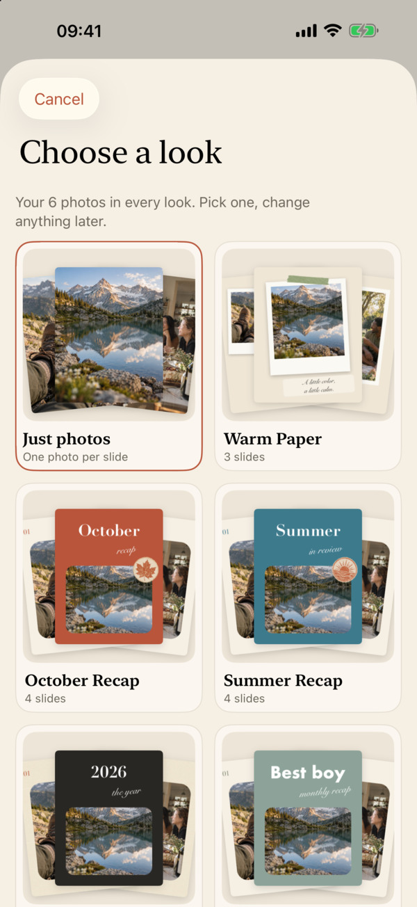 Choose a look screen with your photos in each look